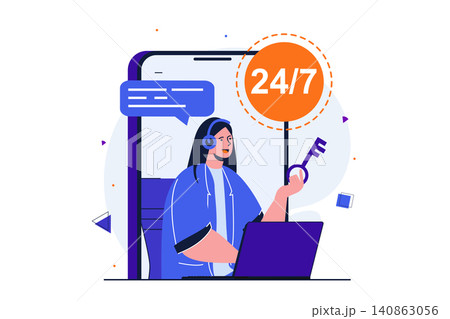 Customer service modern flat concept for web banner design. Woman works in tech support, advises clients in online chat. Operator on call around clock. Vector illustration with isolated people scene Customer service modern flat concept for web banner design. Woman works in tech support, advises clients in online chat. Operator on call around clock. Vector illustration with isolated people scene 140863056