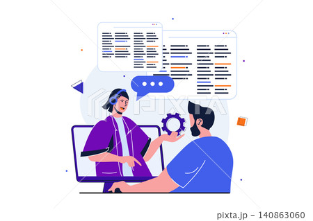Customer service modern flat concept for web banner design. Man turned to technical support for help, personal consultant helps to solve client problem. Vector illustration with isolated people scene Customer service modern flat concept for web banner design. Man turned to technical support for help, personal consultant helps to solve client problem. Vector illustration with isolated people scene 140863060