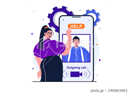 Customer service modern flat concept for web banner design. Woman calling to client support using mobile phone. Male operator working in call center. Vector illustration with isolated people scene Customer service modern flat concept for web banner design. Woman calling to client support using mobile phone. Male operator working in call center. Vector illustration with isolated people scene 140863061