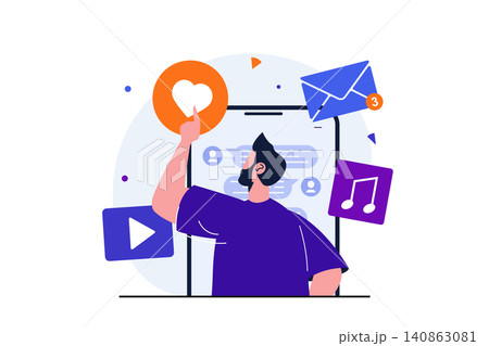 Digital marketing modern flat concept for web banner design. Man makes advertising and online promotion in chats and messengers, makes promo mailing. Vector illustration with isolated people scene 140863081