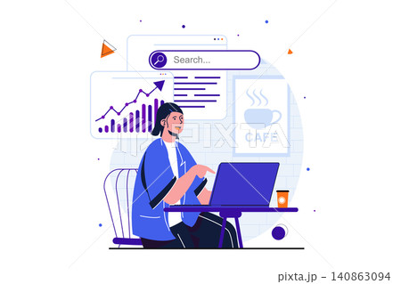 Freelance working modern flat concept for web banner design. Woman manager analyzes data from laptop, working online while sitting at table in cafe. Vector illustration with isolated people scene Freelance working modern flat concept for web banner design. Woman manager analyzes data from laptop, working online while sitting at table in cafe. Vector illustration with isolated people scene 140863094