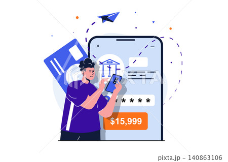 Mobile banking modern flat concept for web banner design. Man client sends money and confirms secure transaction with secret password using smartphone. Vector illustration with isolated people scene Mobile banking modern flat concept for web banner design. Man client sends money and confirms secure transaction with secret password using smartphone. Vector illustration with isolated people scene 140863106