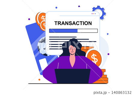Online payment modern flat concept for web banner design. Woman conducts financial transaction and transfers money paying for services using laptop. Vector illustration with isolated people scene Online payment modern flat concept for web banner design. Woman conducts financial transaction and transfers money paying for services using laptop. Vector illustration with isolated people scene 140863132