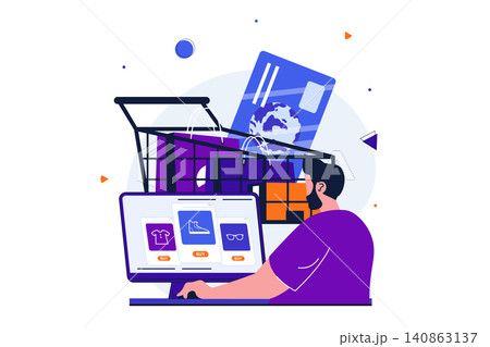 Online shopping modern flat concept for web banner design. Male customer selects goods on store website at computer, ordering and pays with credit card. Vector illustration with isolated people scene Online shopping modern flat concept for web banner design. Male customer selects goods on store website at computer, ordering and pays with credit card. Vector illustration with isolated people scene 140863137