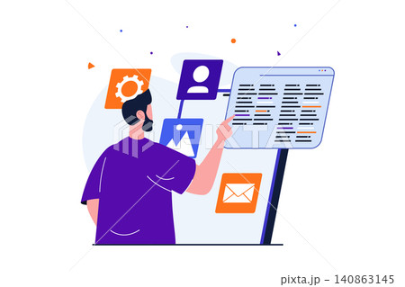 App development modern flat concept for web banner design. Male developer coding, testing and optimization code, places graphic elements of interface. Vector illustration with isolated people scene App development modern flat concept for web banner design. Male developer coding, testing and optimization code, places graphic elements of interface. Vector illustration with isolated people scene 140863145