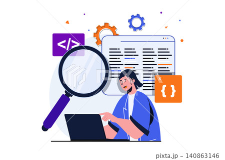 App development modern flat concept for web banner design. Female developer does marketing research, works with code and scripts, settings and optimizes. Vector illustration with isolated people scene App development modern flat concept for web banner design. Female developer does marketing research, works with code and scripts, settings and optimizes. Vector illustration with isolated people scene 140863146