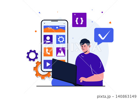 App development modern flat concept for web banner design. Male designer works on laptop, develops usability program interface and places menu buttons. Vector illustration with isolated people scene App development modern flat concept for web banner design. Male designer works on laptop, develops usability program interface and places menu buttons. Vector illustration with isolated people scene 140863149