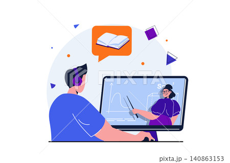 Back to school modern flat concept for web banner design. Teenager student watches video lecture on mathematics and gains new knowledge, doing homework. Vector illustration with isolated people scene Back to school modern flat concept for web banner design. Teenager student watches video lecture on mathematics and gains new knowledge, doing homework. Vector illustration with isolated people scene 140863153