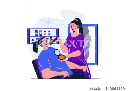 Beauty salon modern flat concept for web banner design. Woman cosmetologist makes make up to female client sitting in chair in cosmetology studio. Vector illustration with isolated people scene Beauty salon modern flat concept for web banner design. Woman cosmetologist makes make up to female client sitting in chair in cosmetology studio. Vector illustration with isolated people scene 140863169