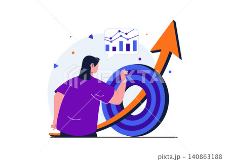 Business target modern flat concept for web banner design. Businesswoman develops project, growth arrow shoots through dartboard, successful career. Vector illustration with isolated people scene Business target modern flat concept for web banner design. Businesswoman develops project, growth arrow shoots through dartboard, successful career. Vector illustration with isolated people scene 140863188