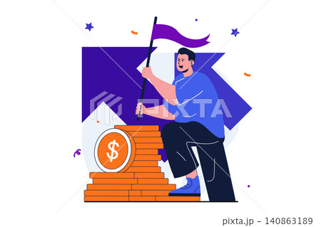 Business award modern flat concept for web banner design. Businessman holding flag and climbing to top, increase income, develop company, achieve goals. Vector illustration with isolated people scene Business award modern flat concept for web banner design. Businessman holding flag and climbing to top, increase income, develop company, achieve goals. Vector illustration with isolated people scene 140863189