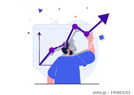 Business growth modern flat concept for web banner design. Businessman analyzes financial data growth on chart. Investment, management and leadership. Vector illustration with isolated people scene Business growth modern flat concept for web banner design. Businessman analyzes financial data growth on chart. Investment, management and leadership. Vector illustration with isolated people scene 140863201