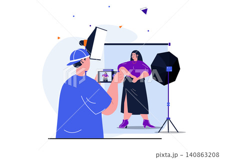 Photo studio modern flat concept for web banner design. Male photographer doing photo session for posing model in professional studio with spotlights. Vector illustration with isolated people scene Photo studio modern flat concept for web banner design. Male photographer doing photo session for posing model in professional studio with spotlights. Vector illustration with isolated people scene 140863208