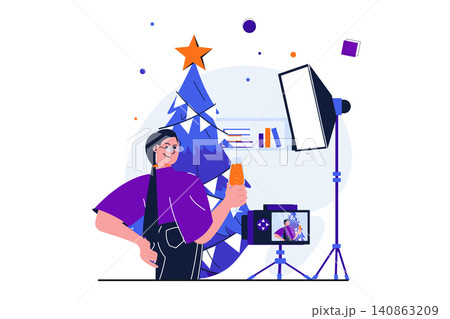 Photo studio modern flat concept for web banner design. Woman makes Christmas photo shoot with tree in festive decoration. Professional photographer. Vector illustration with isolated people scene Photo studio modern flat concept for web banner design. Woman makes Christmas photo shoot with tree in festive decoration. Professional photographer. Vector illustration with isolated people scene 140863209