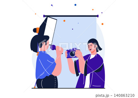 Photo studio modern flat concept for web banner design. Woman holding camera and taking a photos for posing female journalist with microphone in studio. Vector illustration with isolated people scene Photo studio modern flat concept for web banner design. Woman holding camera and taking a photos for posing female journalist with microphone in studio. Vector illustration with isolated people scene 140863210