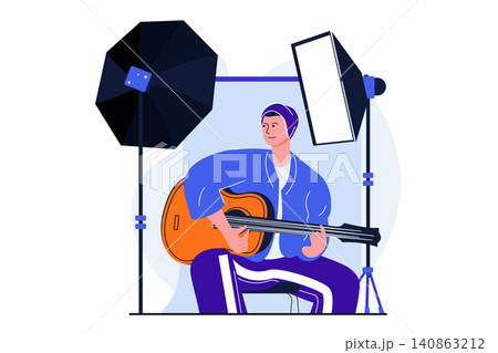 Photo studio modern flat concept for web banner design. Man plays guitar and poses for professional photographer. Musician at photoshoot in studio. Vector illustration with isolated people scene 140863212