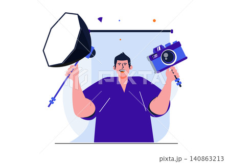Photo studio modern flat concept for web banner design. Happy photographer holding camera and spotlight. Man posing with professional photo equipment. Vector illustration with isolated people scene Photo studio modern flat concept for web banner design. Happy photographer holding camera and spotlight. Man posing with professional photo equipment. Vector illustration with isolated people scene 140863213