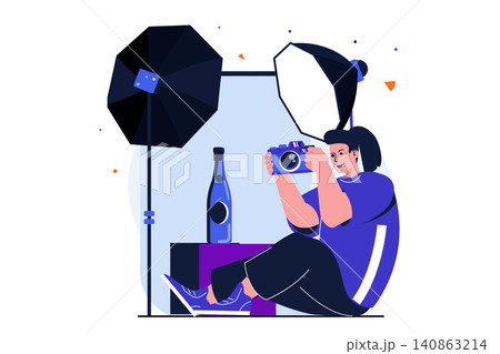 Photo studio modern flat concept for web banner design. Woman doing advertising commercial photoshoot and photographing bottle in studio with spotlights. Vector illustration with isolated people scene Photo studio modern flat concept for web banner design. Woman doing advertising commercial photoshoot and photographing bottle in studio with spotlights. Vector illustration with isolated people scene 140863214
