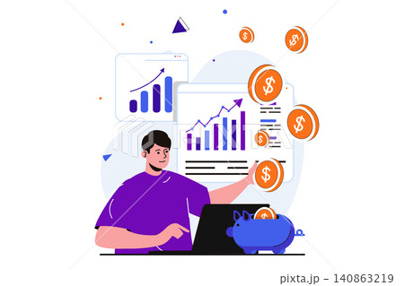 Planning financial budget modern flat concept for web banner design. Male analyst studies financial statistics on charts, puts money in piggy bank. Vector illustration with isolated people scene Planning financial budget modern flat concept for web banner design. Male analyst studies financial statistics on charts, puts money in piggy bank. Vector illustration with isolated people scene 140863219