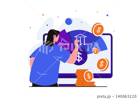 Planning financial budget modern flat concept for web banner design. Accountant analyzing expenses for food, medicine and paying taxes, makes savings. Vector illustration with isolated people scene Planning financial budget modern flat concept for web banner design. Accountant analyzing expenses for food, medicine and paying taxes, makes savings. Vector illustration with isolated people scene 140863220