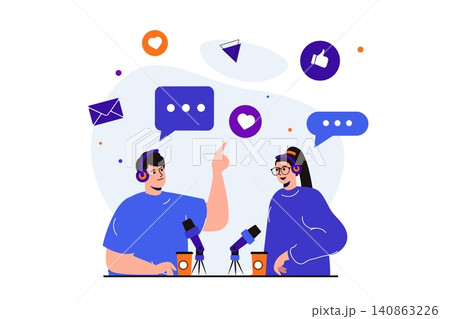 Podcast streaming modern flat concept for web banner design. Host and guest in headphones are broadcasting live and chatting in studio, recording audio. Vector illustration with isolated people scene Podcast streaming modern flat concept for web banner design. Host and guest in headphones are broadcasting live and chatting in studio, recording audio. Vector illustration with isolated people scene 140863226