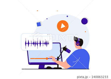 Podcast streaming modern flat concept for web banner design. Man in headphones records podcast on professional equipment and processes audio on computer. Vector illustration with isolated people scene Podcast streaming modern flat concept for web banner design. Man in headphones records podcast on professional equipment and processes audio on computer. Vector illustration with isolated people scene 140863233
