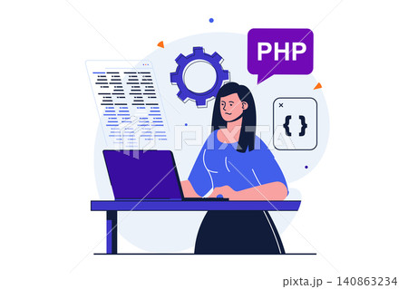 Programmer working modern flat concept for web banner design. Female developer works on laptop and programs in php and other programming languages. Vector illustration with isolated people scene Programmer working modern flat concept for web banner design. Female developer works on laptop and programs in php and other programming languages. Vector illustration with isolated people scene 140863234
