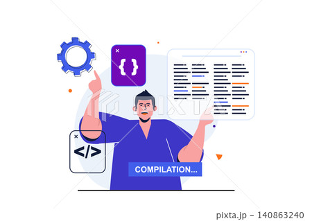 Programmer working modern flat concept for web banner design. Developer works on part of project, codes and programs, improves and customizes programs. Vector illustration with isolated people scene 140863240