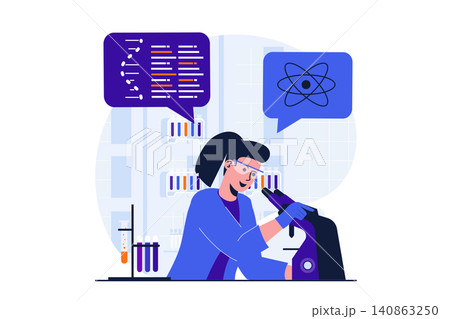 Science research modern flat concept for web banner design. Woman scientist working with microscope and doing with liquids test test tubes in laboratory. Vector illustration with isolated people scene Science research modern flat concept for web banner design. Woman scientist working with microscope and doing with liquids test test tubes in laboratory. Vector illustration with isolated people scene 140863250