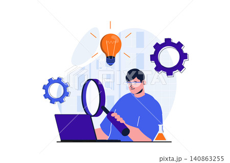 Science research modern flat concept for web banner design. Man explores and makes discoveries, generates new ideas and gains knowledge on laptop. Vector illustration with isolated people scene Science research modern flat concept for web banner design. Man explores and makes discoveries, generates new ideas and gains knowledge on laptop. Vector illustration with isolated people scene 140863255