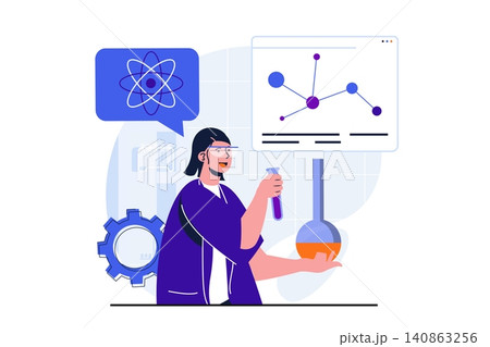 Science research modern flat concept for web banner design. Woman holds flask and test tube, explores and makes chemical experiment, works in laboratory. Vector illustration with isolated people scene Science research modern flat concept for web banner design. Woman holds flask and test tube, explores and makes chemical experiment, works in laboratory. Vector illustration with isolated people scene 140863256