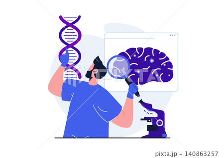Science research modern flat concept for web banner design. Man studies dna molecule and examines brain with magnifier, makes neurobiology experiment. Vector illustration with isolated people scene 140863257