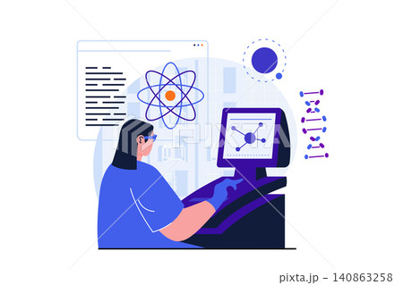 Science research modern flat concept for web banner design. Woman scientist researches atomic structure and analyzes data using computer in laboratory. Vector illustration with isolated people scene Science research modern flat concept for web banner design. Woman scientist researches atomic structure and analyzes data using computer in laboratory. Vector illustration with isolated people scene 140863258
