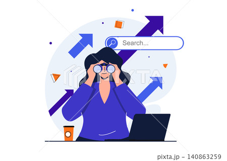 Searching for opportunities modern flat concept for web banner design. Woman looking binoculars and reaching new career goals, leadership and business. Vector illustration with isolated people scene 140863259