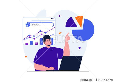 Seo analysis modern flat concept for web banner design. Man analyzes data, adjusts search results, raises rating, increases traffic, works at laptop. Vector illustration with isolated people scene Seo analysis modern flat concept for web banner design. Man analyzes data, adjusts search results, raises rating, increases traffic, works at laptop. Vector illustration with isolated people scene 140863276
