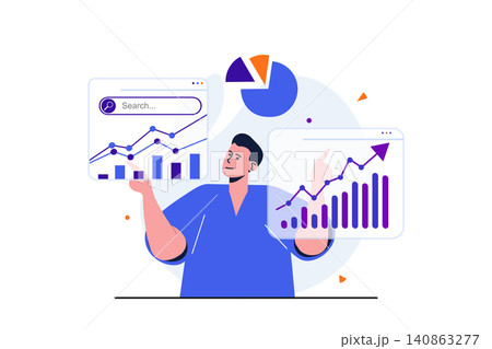 Seo analysis modern flat concept for web banner design. Man analytic analyzes site data and studies graphs on screens and develops promotion strategy. Vector illustration with isolated people scene Seo analysis modern flat concept for web banner design. Man analytic analyzes site data and studies graphs on screens and develops promotion strategy. Vector illustration with isolated people scene 140863277