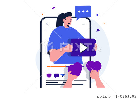 Video blogging modern flat concept for web banner design. Woman blogger making video content, collects likes and followers subscribe to blog at app. Vector illustration with isolated people scene 140863305