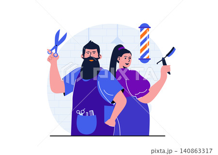Barbershop modern flat concept for web banner design. Man barber and woman hairdresser with scissors and straight razor waiting for clients in studio. Vector illustration with isolated people scene 140863317