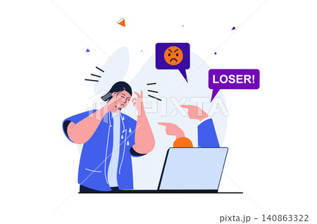 Bullying modern flat concept for web banner design. Crying woman suffering from cyberbullying. Young girl depressed from negative messages with insults. Vector illustration with isolated people scene Bullying modern flat concept for web banner design. Crying woman suffering from cyberbullying. Young girl depressed from negative messages with insults. Vector illustration with isolated people scene 140863322