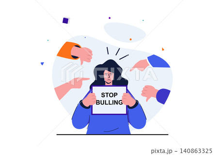 Bullying modern flat concept for web banner design. Crying girl holds poster with Stop Bullying text surrounded by hands with negatively pointing at her. Vector illustration with isolated people scene Bullying modern flat concept for web banner design. Crying girl holds poster with Stop Bullying text surrounded by hands with negatively pointing at her. Vector illustration with isolated people scene 140863325