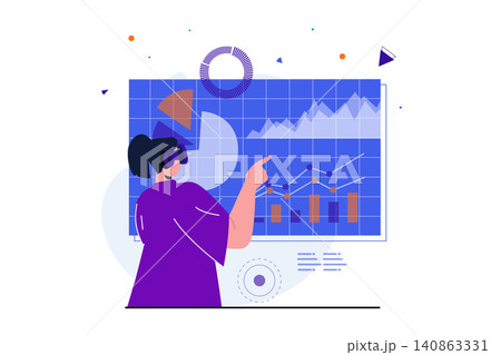 Cyberspace modern flat concept for web banner design. Woman in VR headset interacts with data graph and analysis tools in simulated workspace dashboard. Vector illustration with isolated people scene Cyberspace modern flat concept for web banner design. Woman in VR headset interacts with data graph and analysis tools in simulated workspace dashboard. Vector illustration with isolated people scene 140863331
