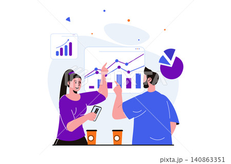 Teamwork modern flat concept for web banner design. Woman and man analyze data, discuss statistics, planing and create company development strategy. Vector illustration with isolated people scene 140863351