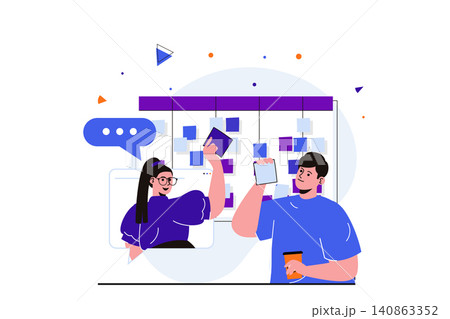 Teamwork modern flat concept for web banner design. Woman and man work together and complete tasks. Time management and workflow organization in office. Vector illustration with isolated people scene Teamwork modern flat concept for web banner design. Woman and man work together and complete tasks. Time management and workflow organization in office. Vector illustration with isolated people scene 140863352