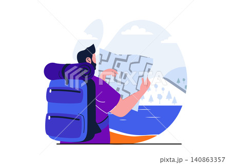 Traveling modern flat concept for web banner design. Male tourist with backpack looking at map with trekking route, hiking and camping rest outdoors. Vector illustration with isolated people scene Traveling modern flat concept for web banner design. Male tourist with backpack looking at map with trekking route, hiking and camping rest outdoors. Vector illustration with isolated people scene 140863357