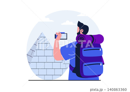 Traveling modern flat concept for web banner design. Traveler with backpack making photo of pyramids on camera in Egypt, sightseeing in summertime trip. Vector illustration with isolated people scene Traveling modern flat concept for web banner design. Traveler with backpack making photo of pyramids on camera in Egypt, sightseeing in summertime trip. Vector illustration with isolated people scene 140863360