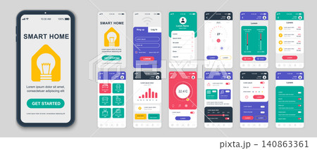 Set of UI, UX, GUI screens Smart Home app flat design template for mobile apps, responsive website wireframes. Web design UI kit. Smart Home Dashboard. 140863361