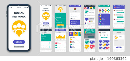 Set of UI, UX, GUI screens Social Network app flat design template for mobile apps, responsive website wireframes. Web design UI kit. Social Network Dashboard. Set of UI, UX, GUI screens Social Network app flat design template for mobile apps, responsive website wireframes. Web design UI kit. Social Network Dashboard. 140863362