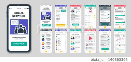 Set of UI, UX, GUI screens Social Network app flat design template for mobile apps, responsive website wireframes. Web design UI kit. Social Network Dashboard. 140863363
