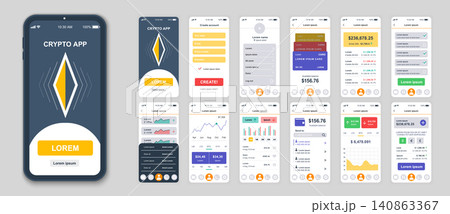 Set of UI, UX, GUI screens Cryptocurrency app flat design template for mobile apps, responsive website wireframes. Web design UI kit. Cryptocurrency Dashboard. Set of UI, UX, GUI screens Cryptocurrency app flat design template for mobile apps, responsive website wireframes. Web design UI kit. Cryptocurrency Dashboard. 140863367