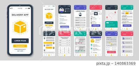 Set of UI, UX, GUI screens Delivery app flat design template for mobile apps, responsive website wireframes. Web design UI kit. Delivery Dashboard. Set of UI, UX, GUI screens Delivery app flat design template for mobile apps, responsive website wireframes. Web design UI kit. Delivery Dashboard. 140863369